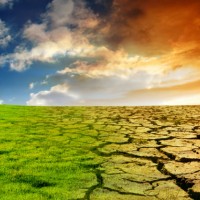 Zmiany klimatu - obrazek przedstawiający przejście z krajobrazu z zieloną łąką i błekitnym niebem do spękanej, suchej ziemii z ciemnoczerwonym niebem